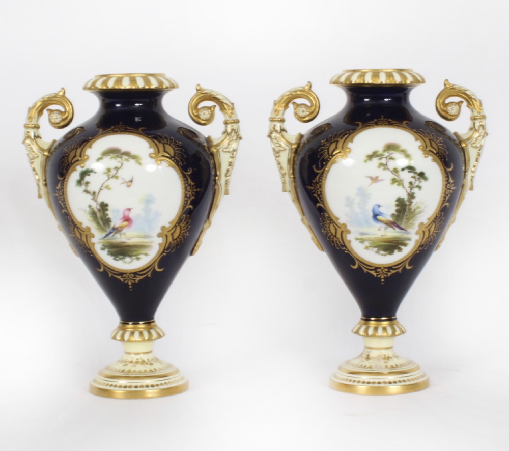 Antique Pair Coalport Vases Cobalt Blue by A Perry 19th C