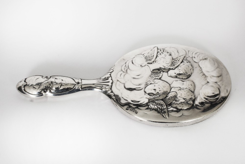 Antique Sterling Silver Cherubs Hand Mirror 1905 William Comyns & Sons.