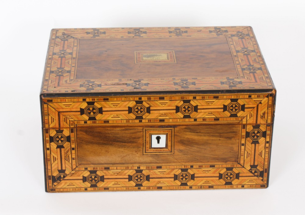 Antique English Victorian inlaid tunbridge walnut jewellery casket 19th C
