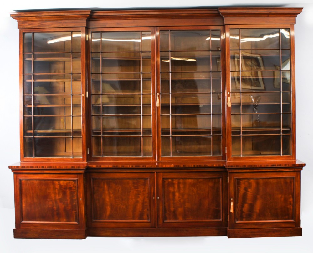 Antique English William IV Flame Mahogany Library Breakfront Bookcase 19th C View II