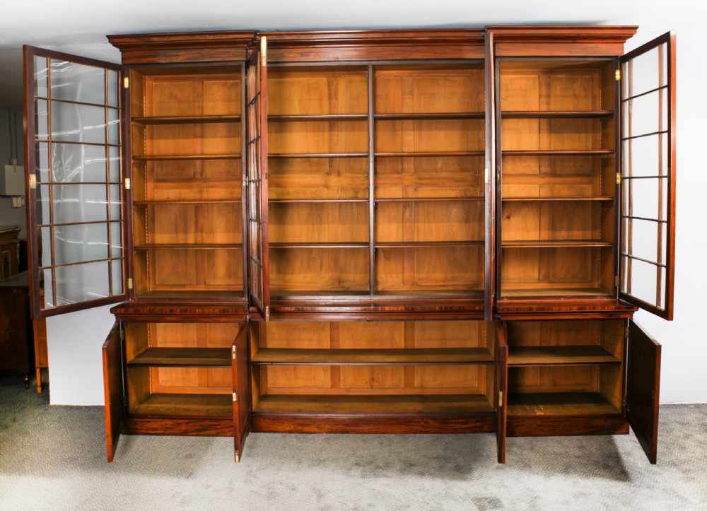 Antique English William IV Flame Mahogany Library Breakfront Bookcase 19th C View XIII