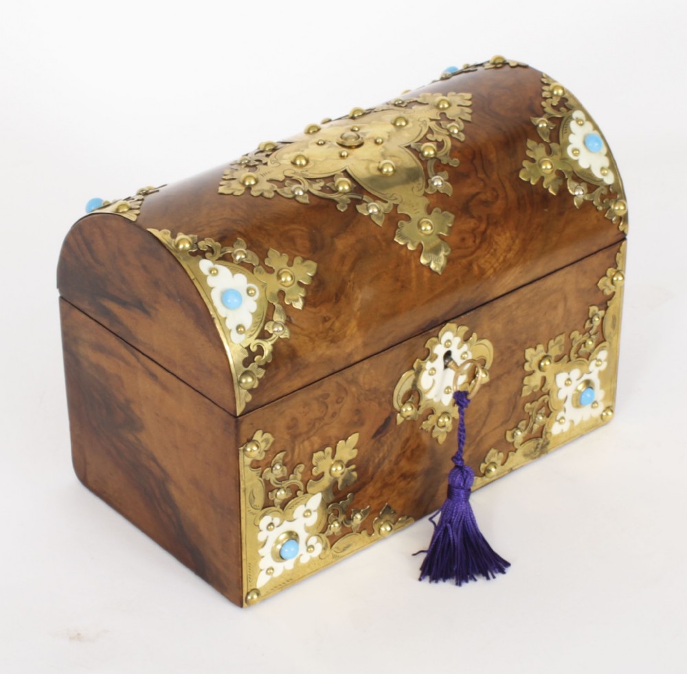Antique Burr Walnut, Ivorine & Brass Box Domed Casket with Key 19th Century
