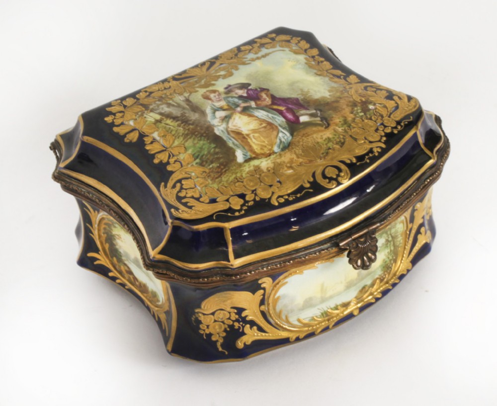 Antique French Sevres Cobalt Blue Porcelain Jewellery Casket 19th C