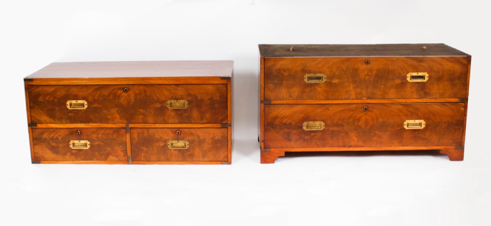 A nineteenth-century mahogany campaign secretaire chest of drawers featuring brass corner fittings, recessed flush handles, and a two-part construction. View XX