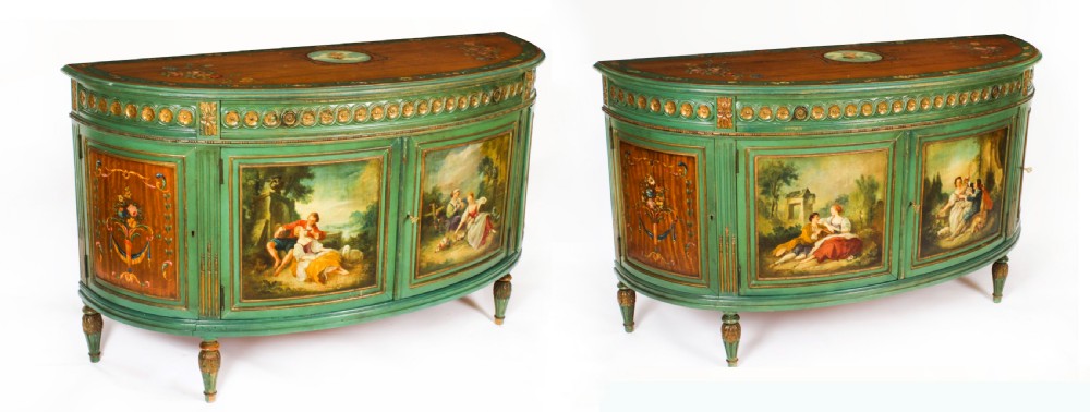 Antique French Painted Demi Lune Cabinets Commodes 20th C View II