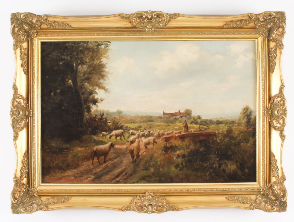 Antique Oil Painting Sheperd & Flock by Victor Wallace Dated 1901