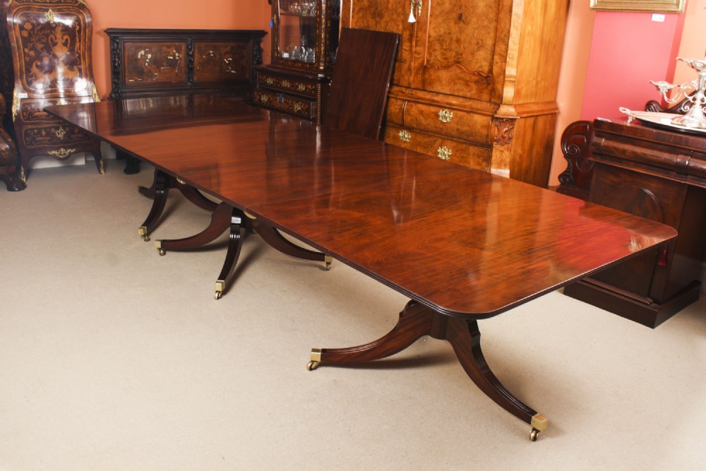Antique 14ft Flame Mahogany Regency Revival Triple Pillar Dining Table 19th C
