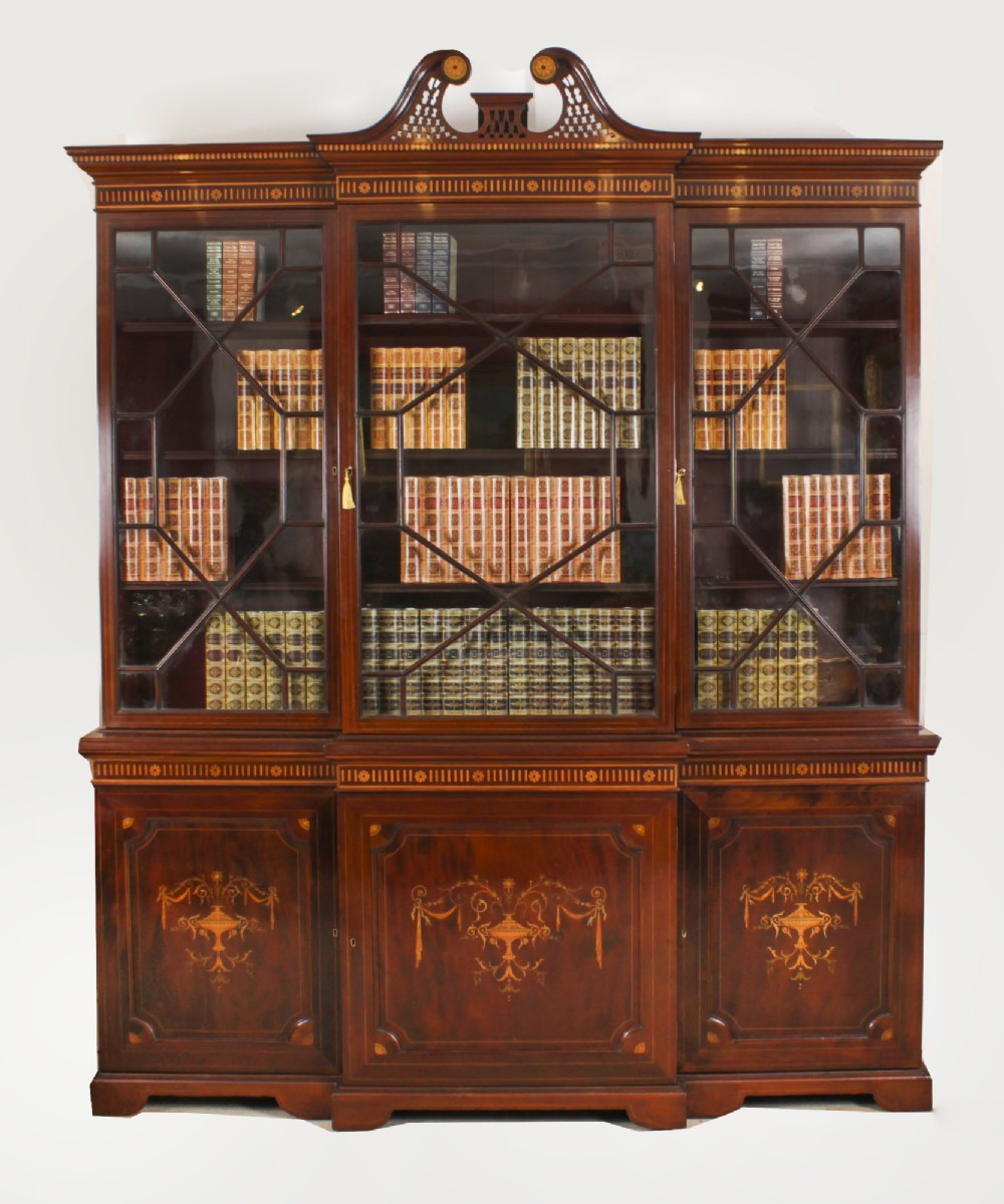 Antique Inlaid Flame Mahogany Three Door Breakfront Library Bookcase 19th C