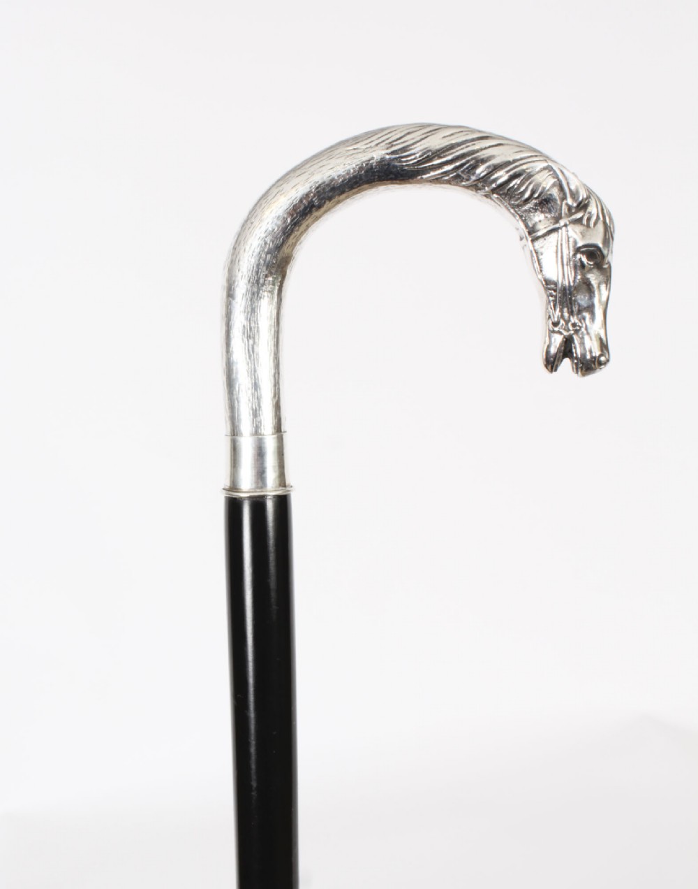 Antique French Silver Horse Ebonized Walking Cane Stick Late 19th C