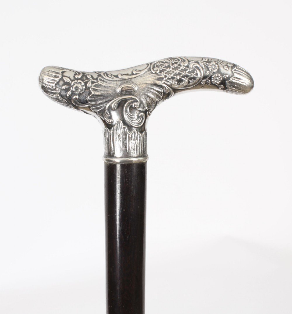 Antique English Silver & Ebonized Walking Stick Circa 1880 19th C