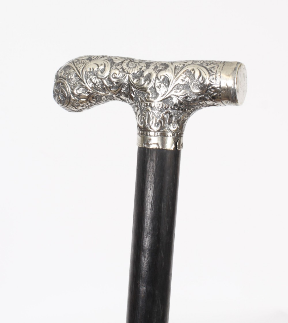 Antique English Silver & Ebonized Walking Stick Cane Circa 1880