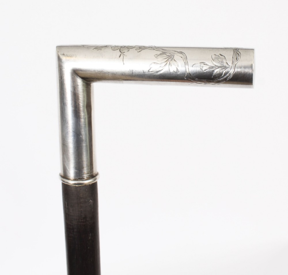 Antique Continental Silver Ebonized Walking Stick Cane 19th Century