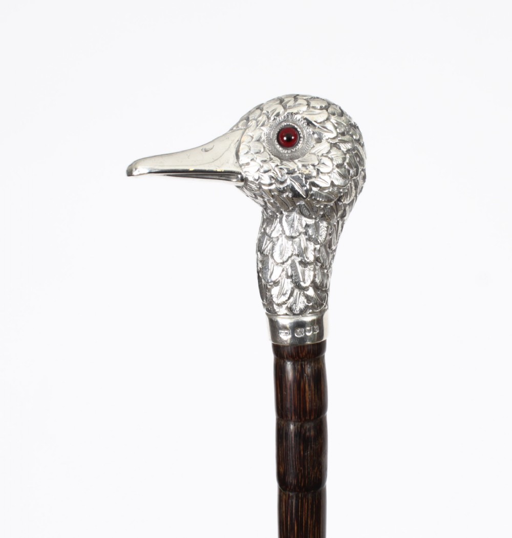 Antique Walking Stick Cane Sterling Silver Duck Head Handle by Brigg 1897