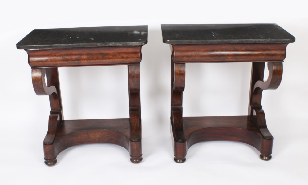 Antique Pair French Empire Marble Top Console Tables Circa 1840 19th C