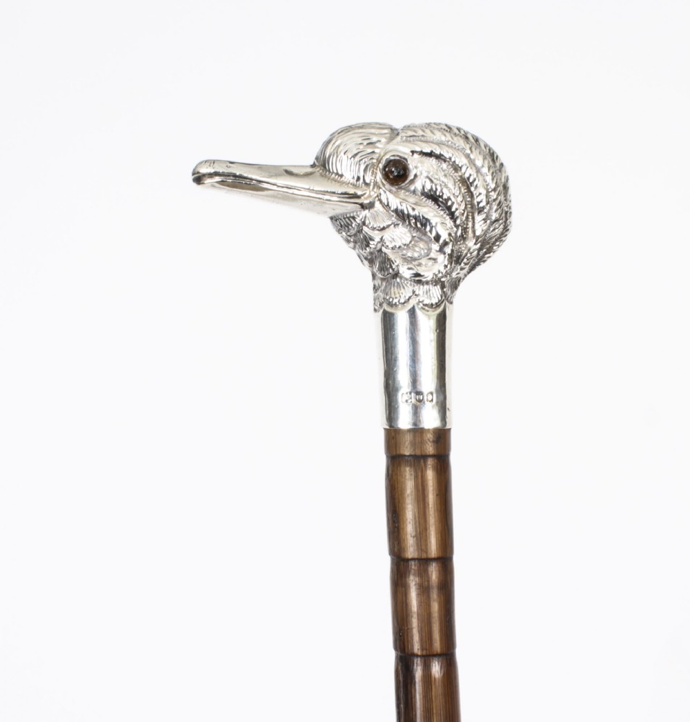 Antique Walking Stick Cane Sterling Silver Duck Head Handle Dated 1909