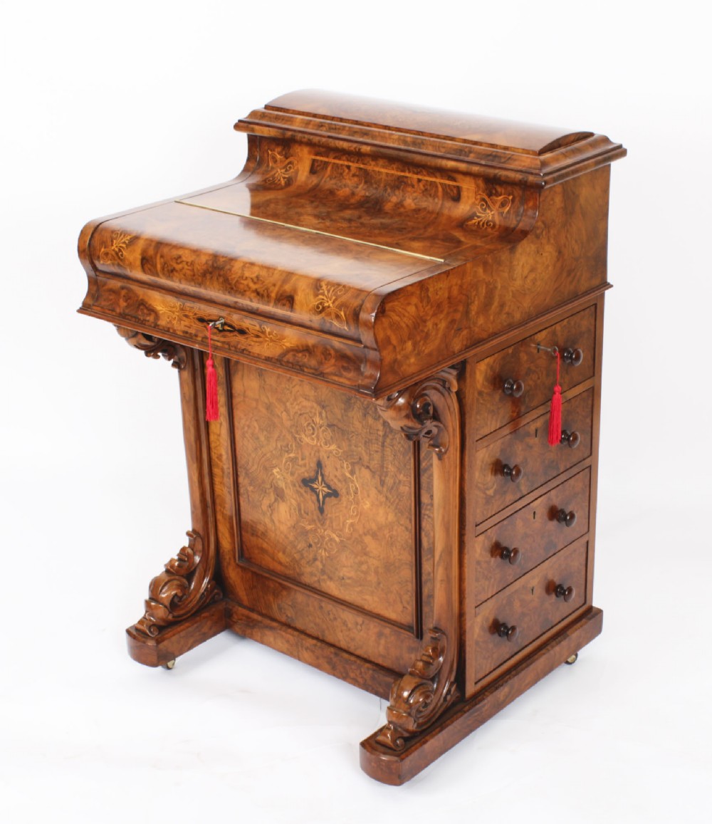Antique Victorian Burr Walnut & Inlaid Pop Up Davenport Desk 19th C