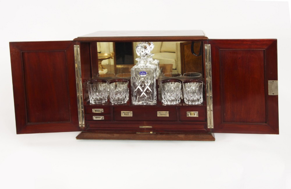 Antique Inlaid Flame Mahogany Three Crystal Decanter Tantalus 19th C