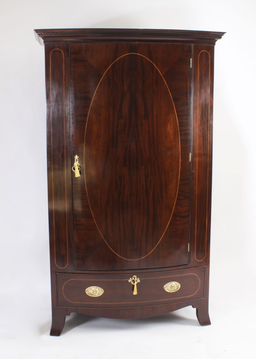 Antique English Edwardian Flame Mahogany Bowfront Wardrobe C1900