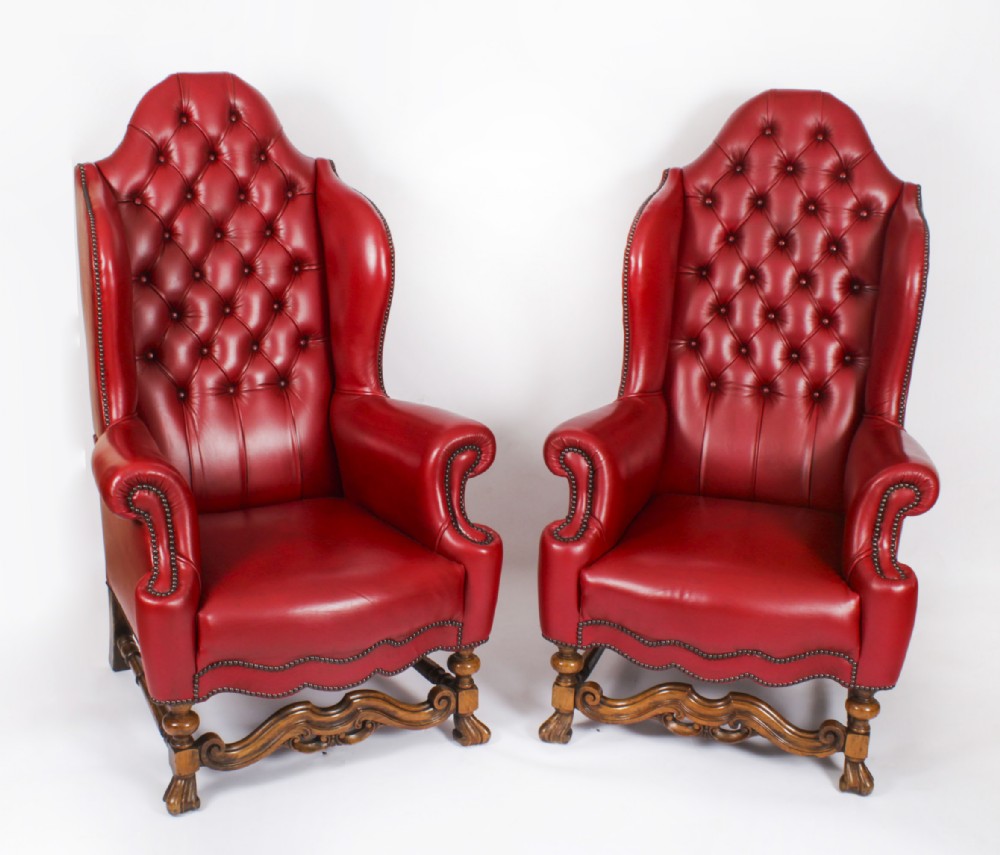 Antique Pair Crimson Leather Chippendale Wingback Throne Armchairs c.1920