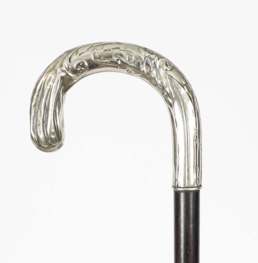 Antique French Art Nouveau Siver Handled Walking Stick Cane 19th Century