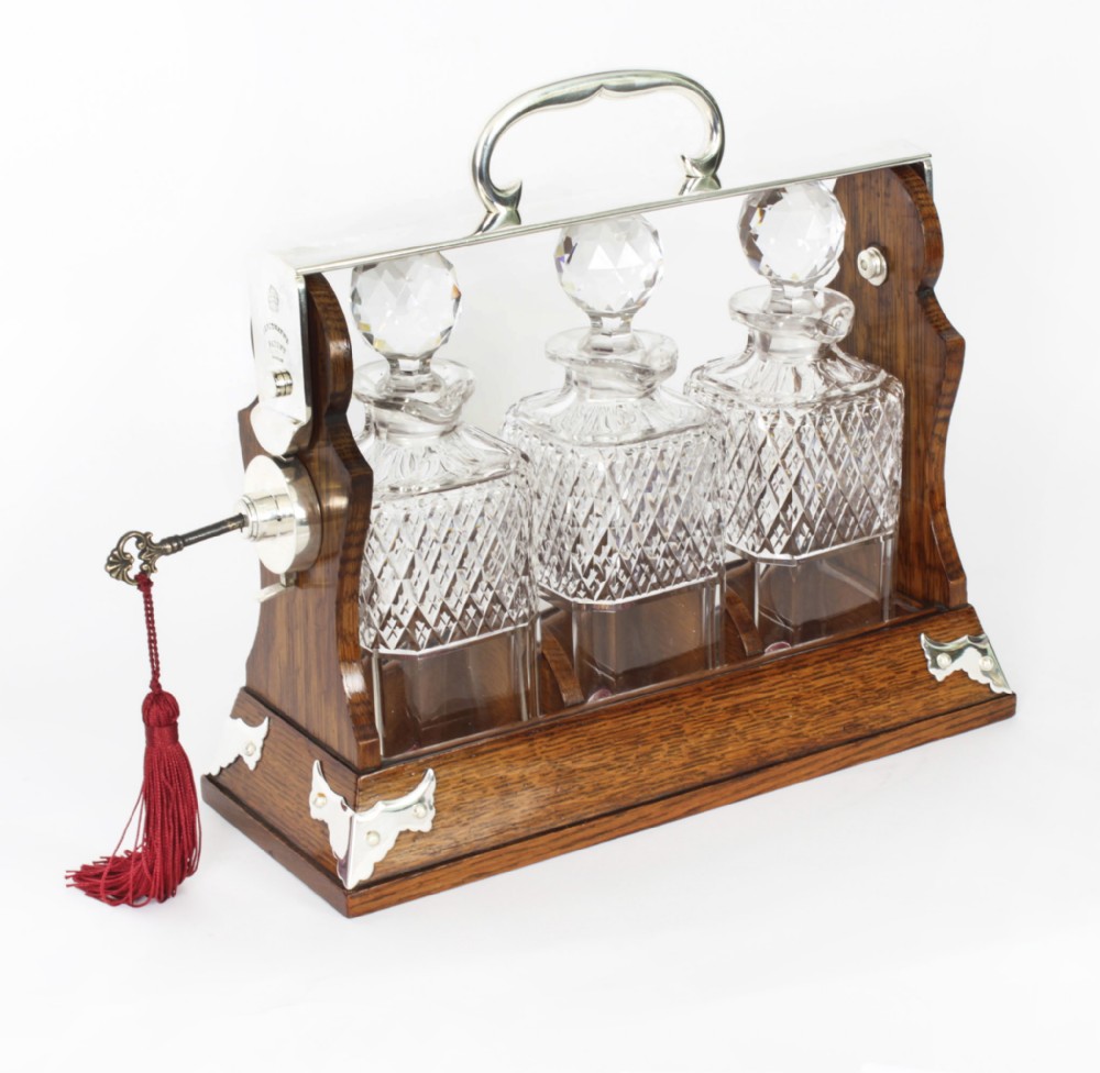 Antique Betjemann’s Oak Three Cut Crystal Decanter Tantalus C1870 19th C