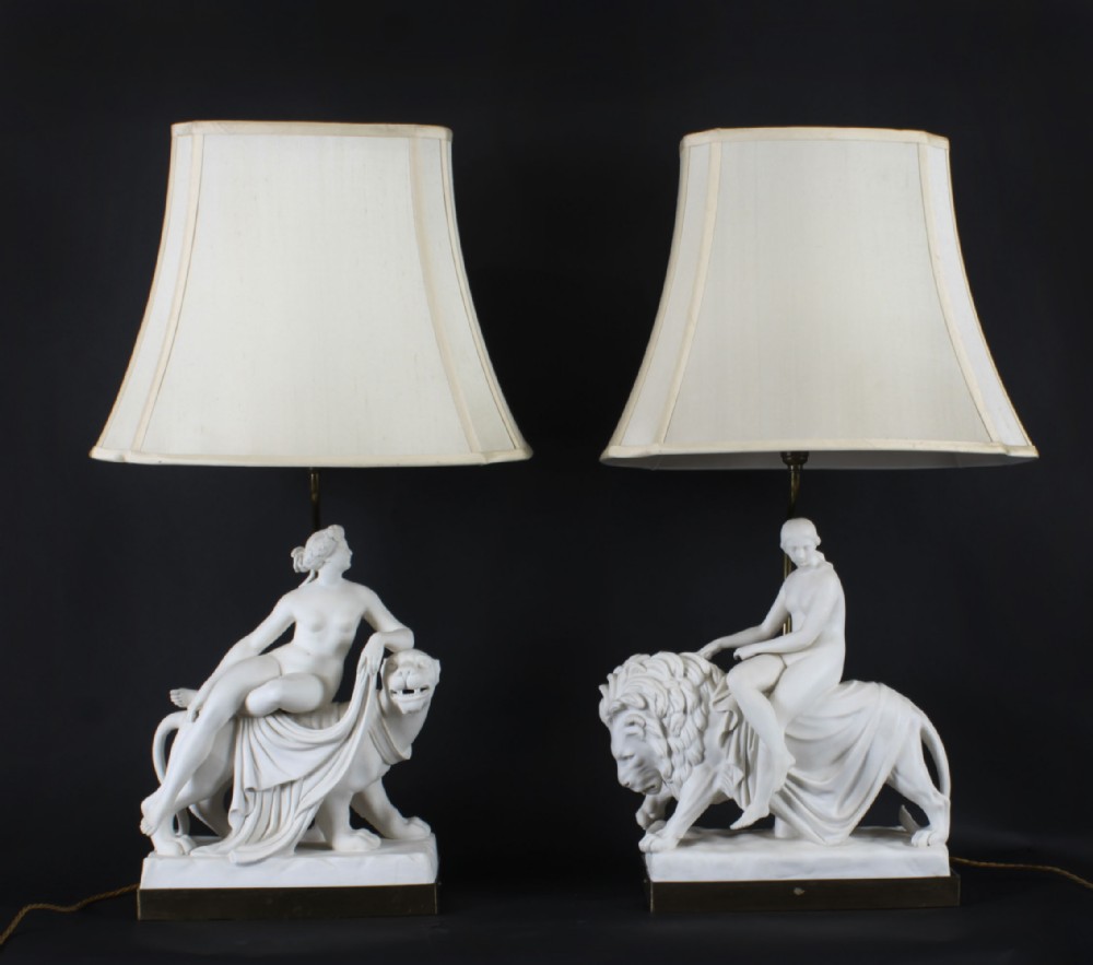 Antique Pair of Minton Parian Porcelain Figure Sculpture Groups Lamps, 19th C