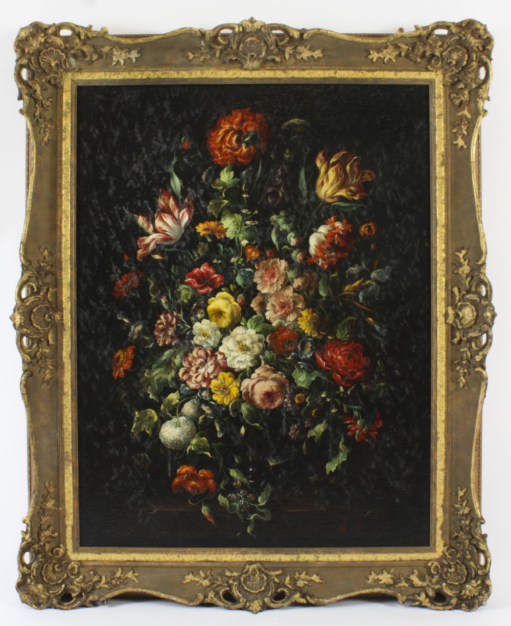 Antique Pair Large Still Life Oil Paintings Continental School 19th C 131x107cm