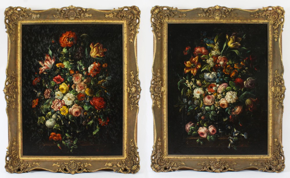 Antique Pair Large Still Life Oil Paintings Continental School 19th C 131x107cm View XIX