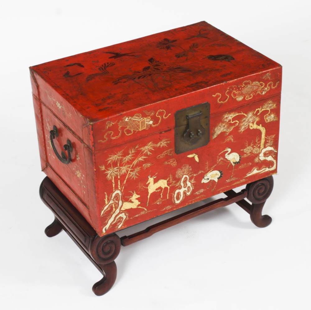 Antique Pair Chineses Red Lacquered Leather Chinoiserie Trunks 19th C