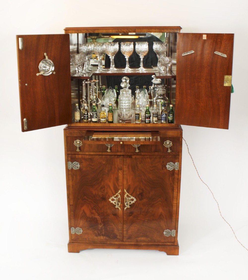 Antique English Ormolu Mounted Burr Walnut Cocktail Cabinet Circa 1920