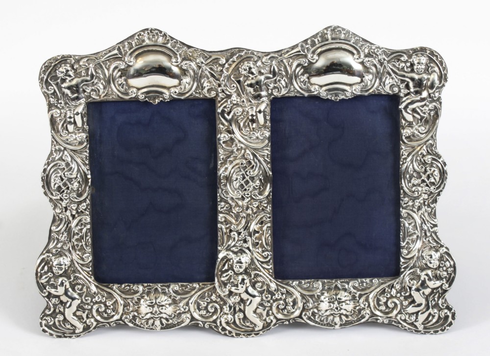 Antique Sterling Silver Double Photo Frame by Synyer & Beddoes 1901 24 x 38cm