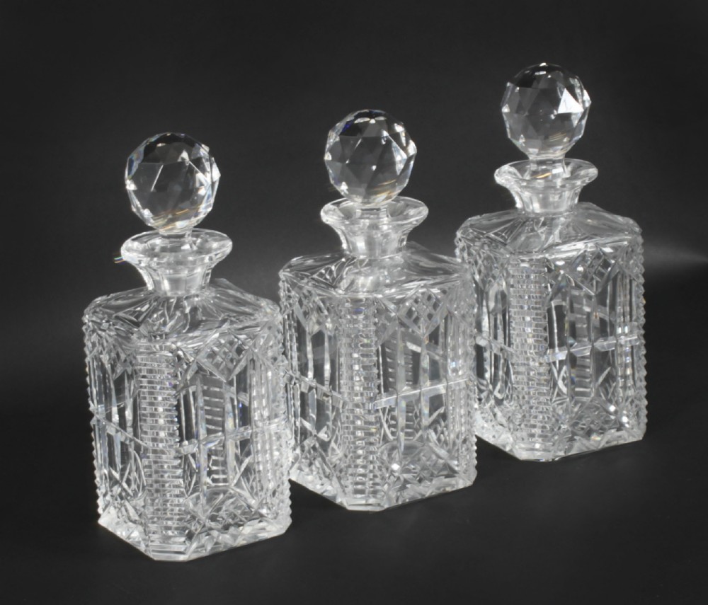 Antique Set of Three Cut Crystal Decanters Early 20th Century