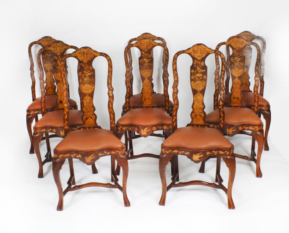 Antique Set 8 Dutch Marquetry Walnut High Back Dining Chairs Late 18th C