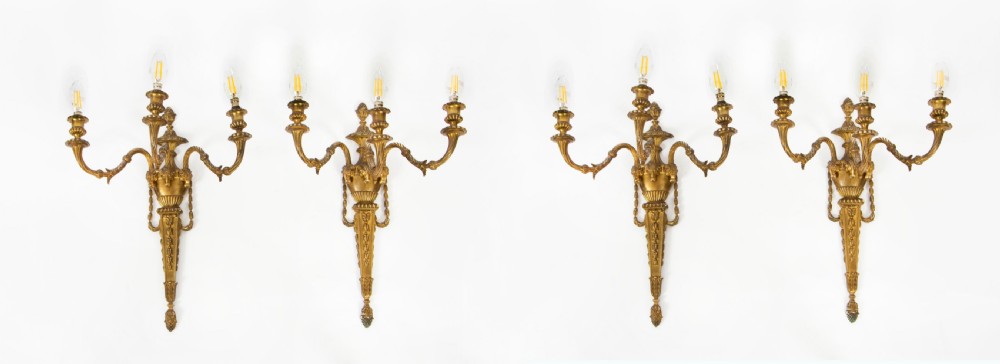 Antique Set 4 Neo Classical Revival OmoluTriple Branch Wall Lights C1880
