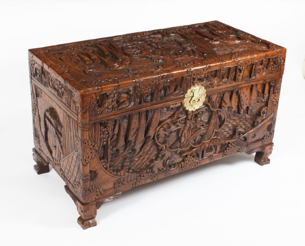 Antique Chinese Carved Camphor wood Trunk Coffer 20th Century