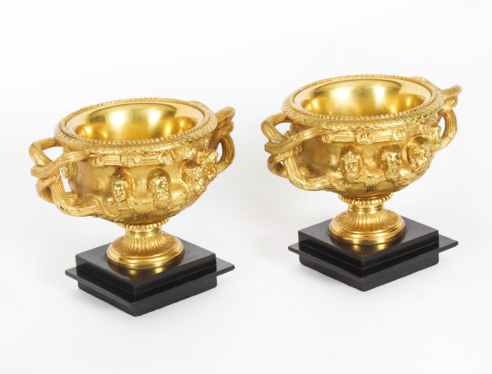 Antique Pair Italian Grand Tour Gilt Bronze Warwick Vases Urns 19th C