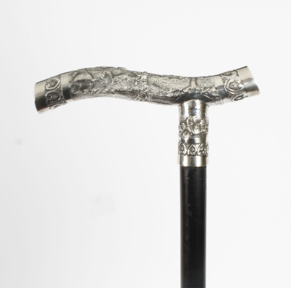 Antique Oriental Silver Handle Walking Stick Cane 19th C 77cm/30inches
