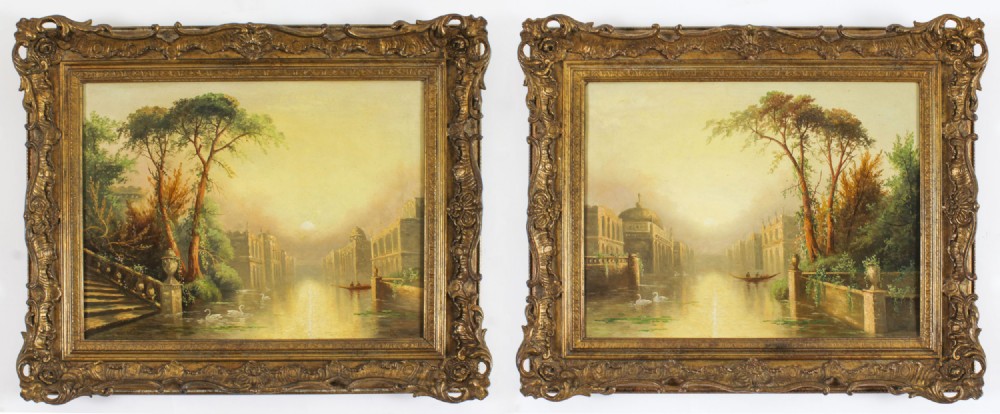 Antique Pair Oil on Canvas Venetian Paintings by James Salt 19th Century