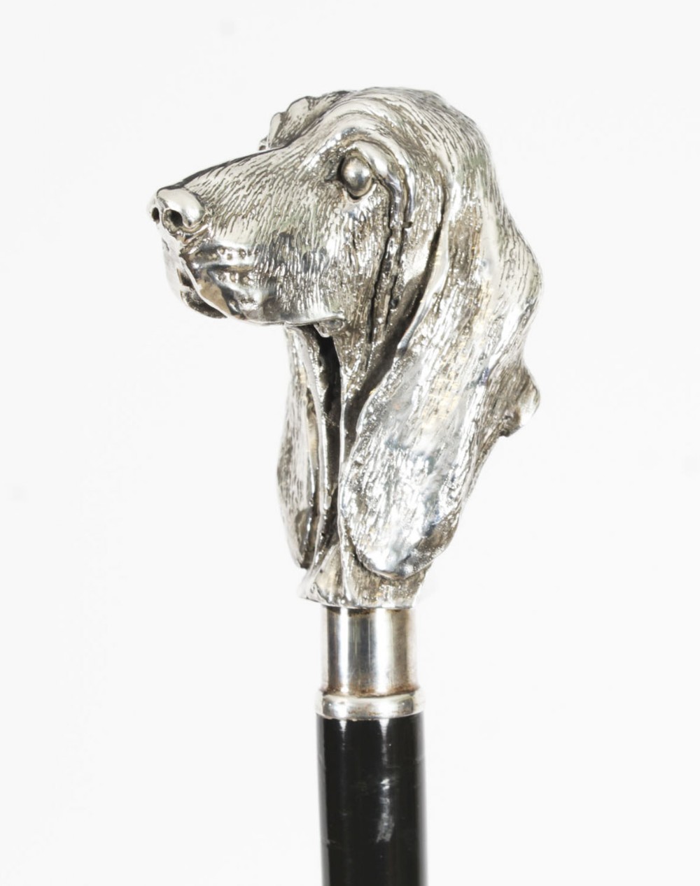 Antique Silver Bassett Dog's Head Walking Cane Stick Late 19th C 97cm/38inch