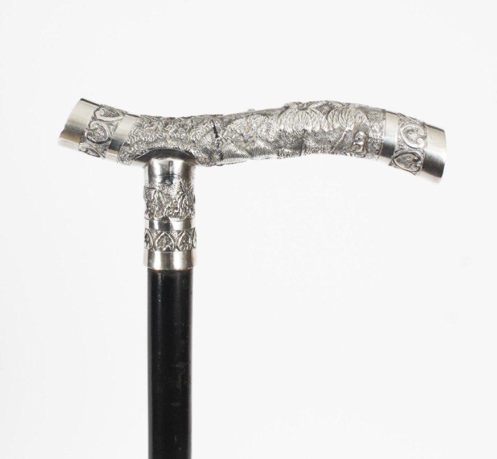 Antique Oriental Silver Handle Walking Stick Cane 19th C 77cm/30 inches