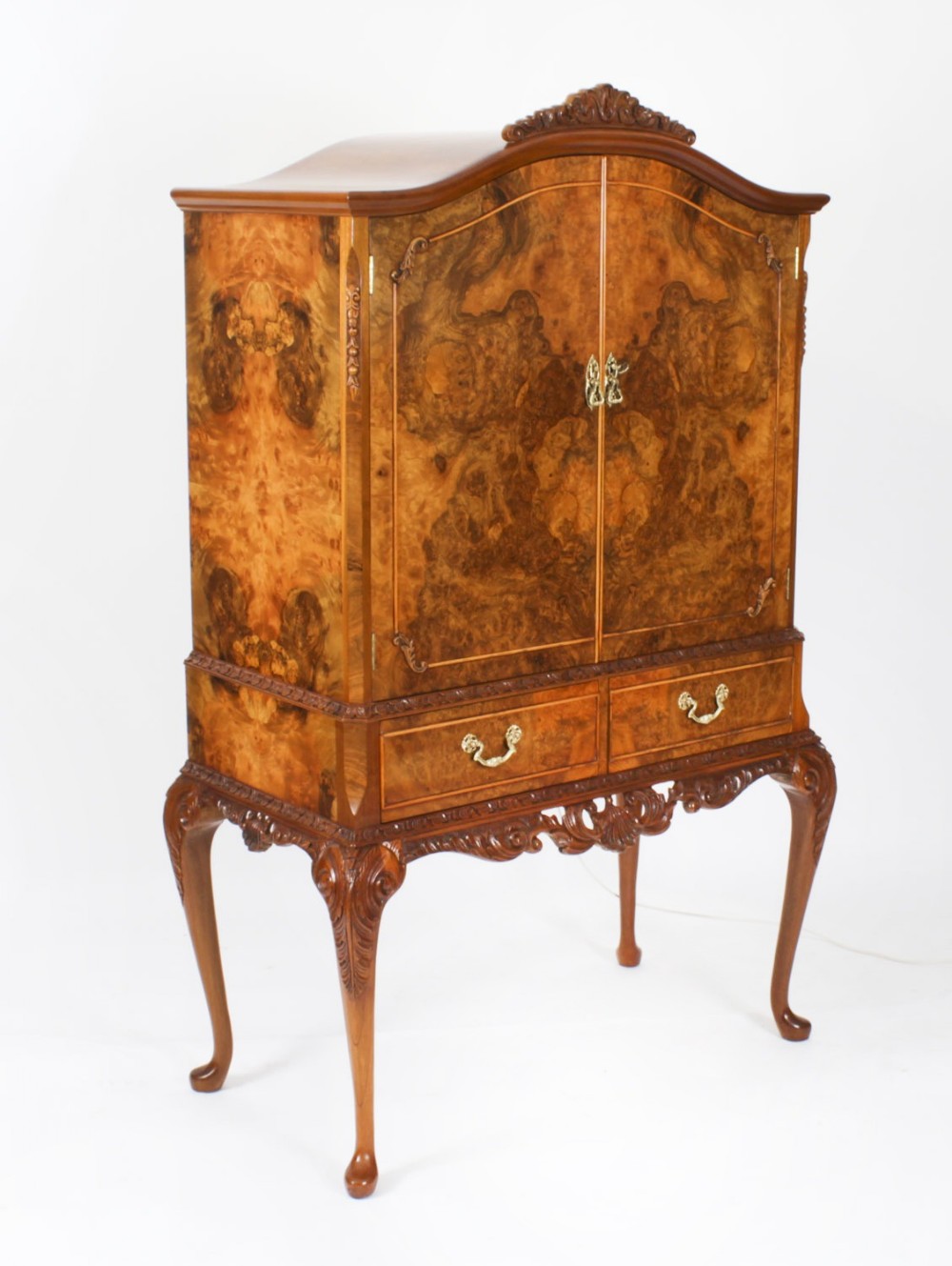 Antique Burr Walnut Queen Anne Cocktail Cabinet Drinks Dry Bar Circa 1930