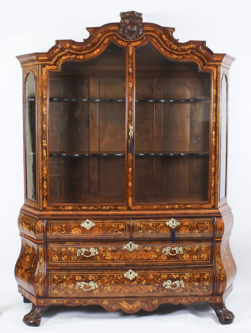 Antique Dutch Marquetry Inlaid Walnut Display Cabinet Vitrine 18th C