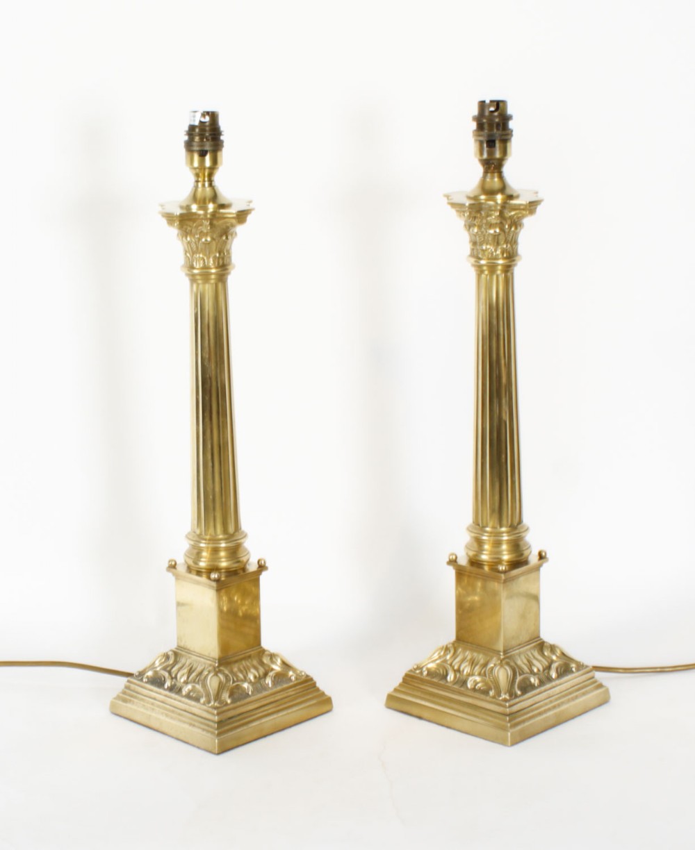 Antique Pair Brass Corinthian Column Table Lamps 20th Century