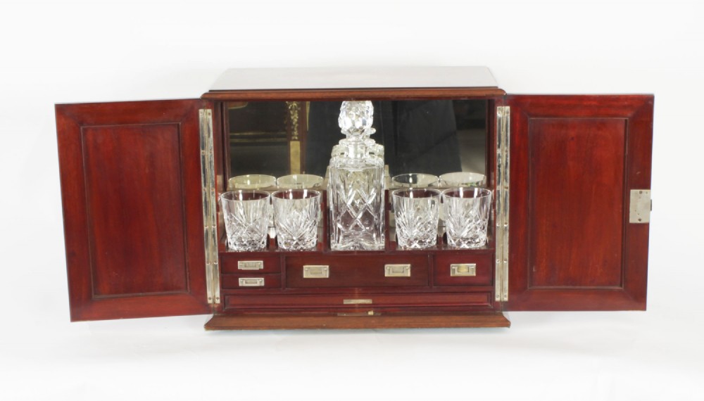 Antique Inlaid Flame Mahogany Three Crystal Decanter Tantalus 19th C
