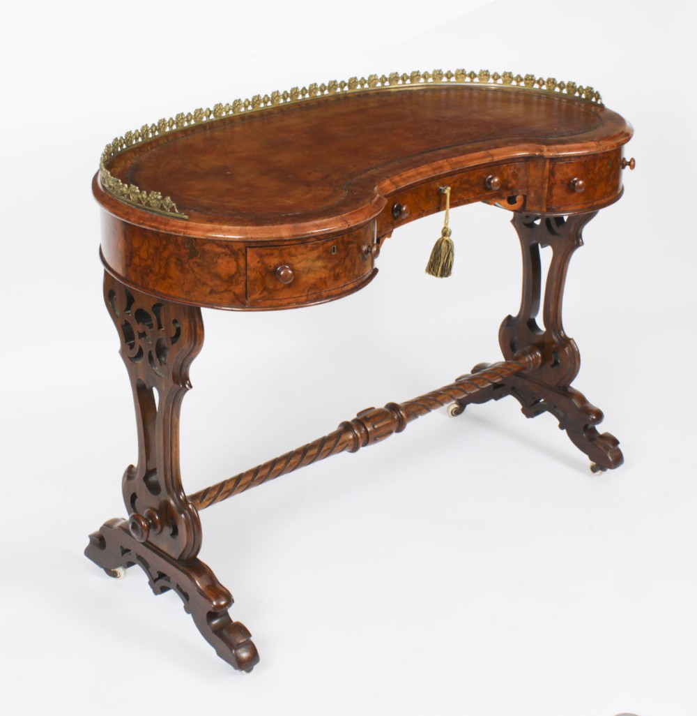 Antique Burr Walnut Kidney Writing Table Desk Bureau Plat C1860 19th C