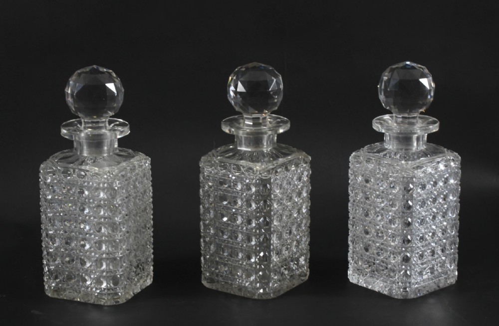 Antique Set of Three Edwardian Hobnail Cut Crystal Decanters C1900