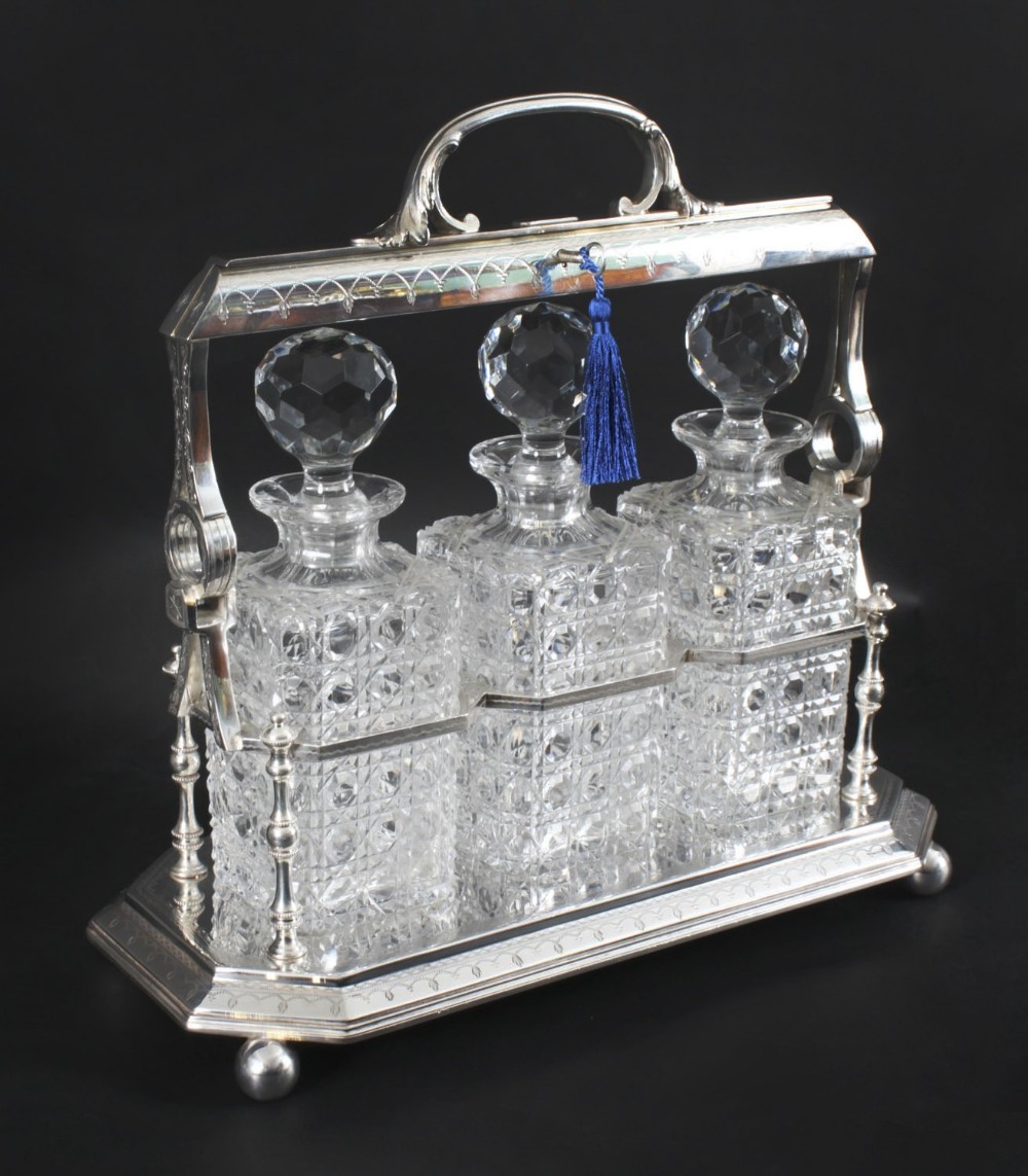 Antique Victorian English Silver Plated 3 Bottle Tantalus C1890