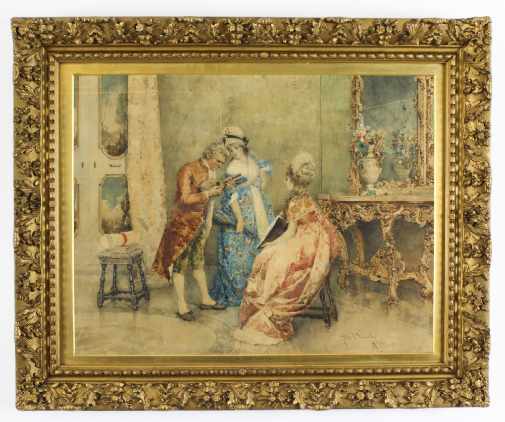 Antique Water Colour Attlio Simonetti 'The Music Recital' 19th Century