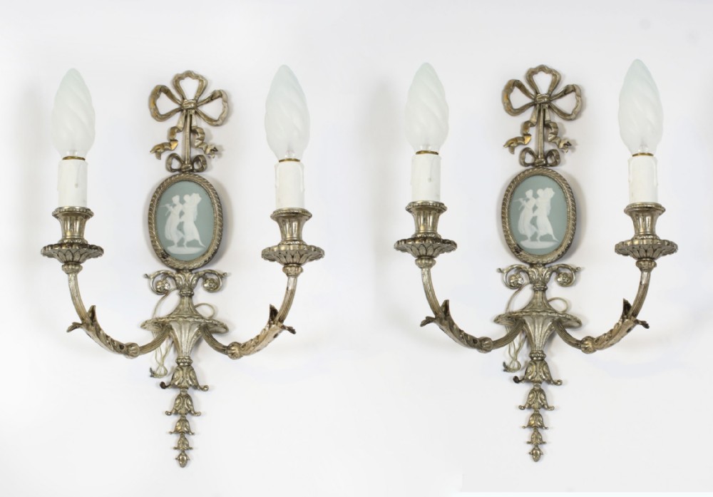 Antique Pair Silver Plated Jasperware two branch wall lights sconces