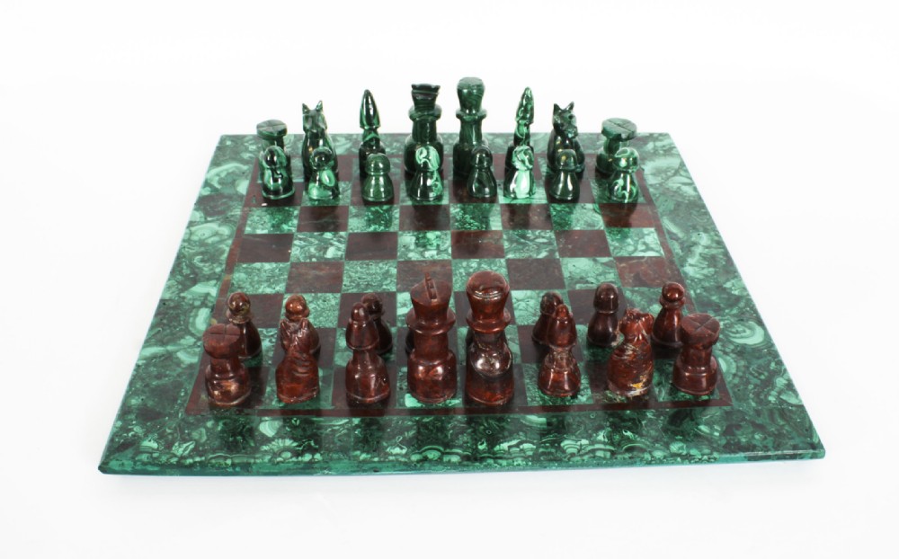 Antique Malachite & Bloodstone Chess Set with Malachite Board C1900